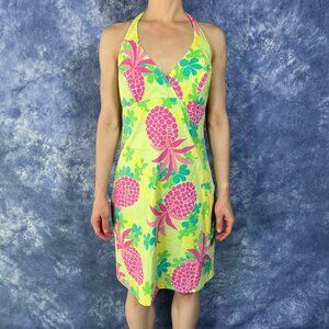 Vtg Lilly Pulitzer Green Halter Dress with Pink Pineapple  Sz 8